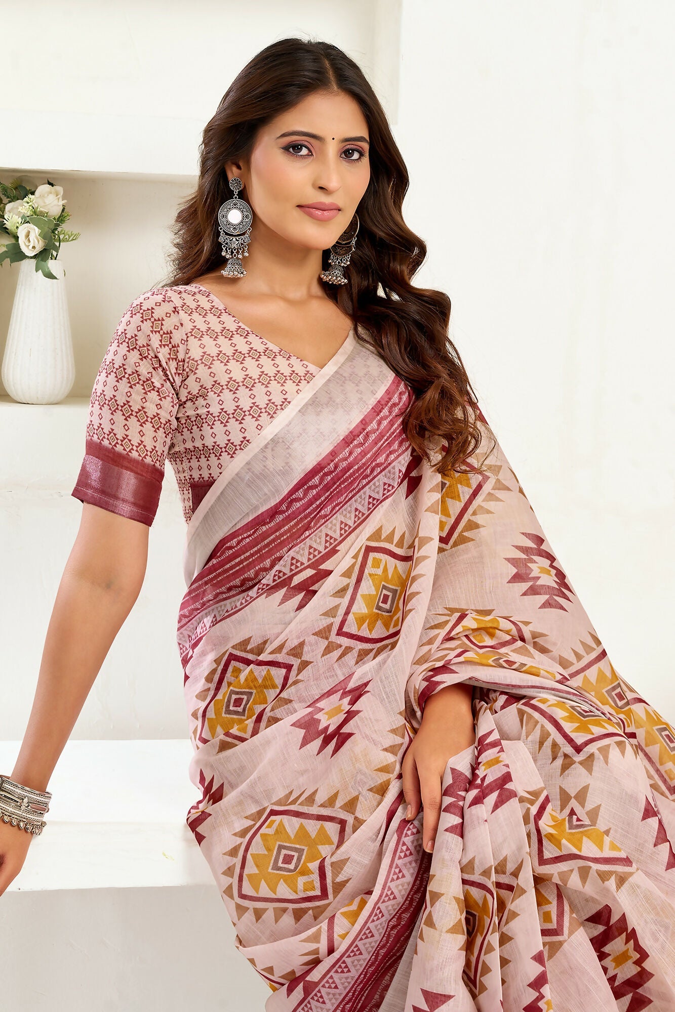 Vastranavya White Maroon Digital Printed Linen Ready To Wear Designer Saree with Unstitched Blouse