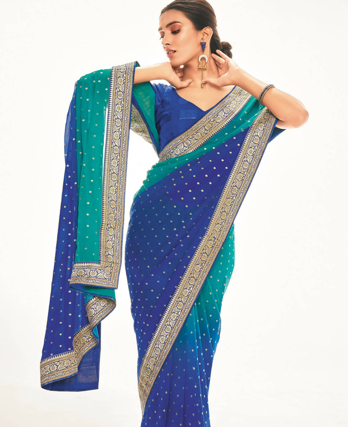 Blue Georgette Foil Printed Saree With Unstitched Blouse Piece - Nitya