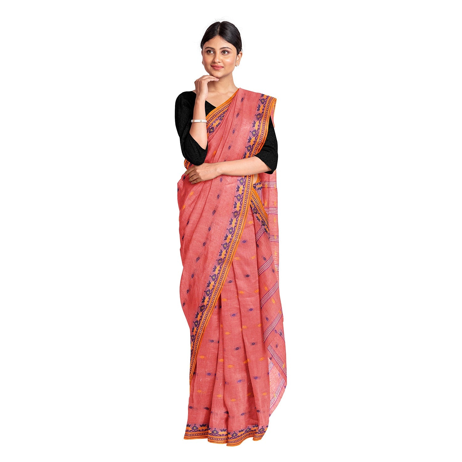 Exclusive Collection 100% Pure Cotton Peach Tant Saree With Hand Weaving Work