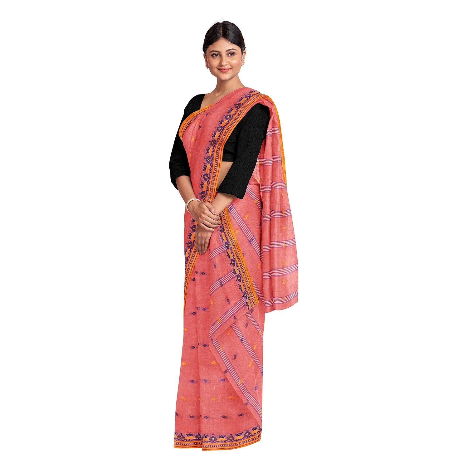 Exclusive Collection 100% Pure Cotton Peach Tant Saree With Hand Weaving Work