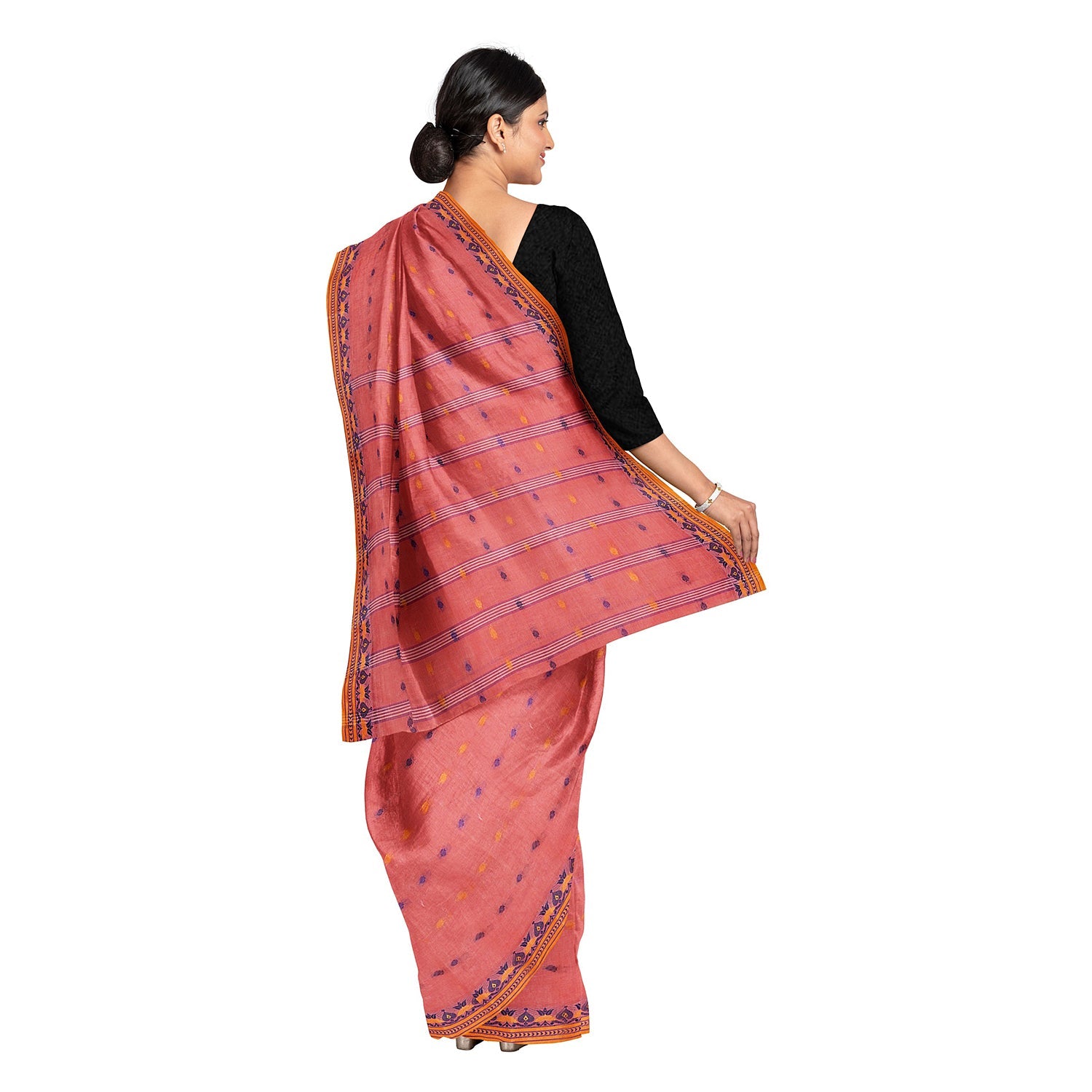 Exclusive Collection 100% Pure Cotton Peach Tant Saree With Hand Weaving Work