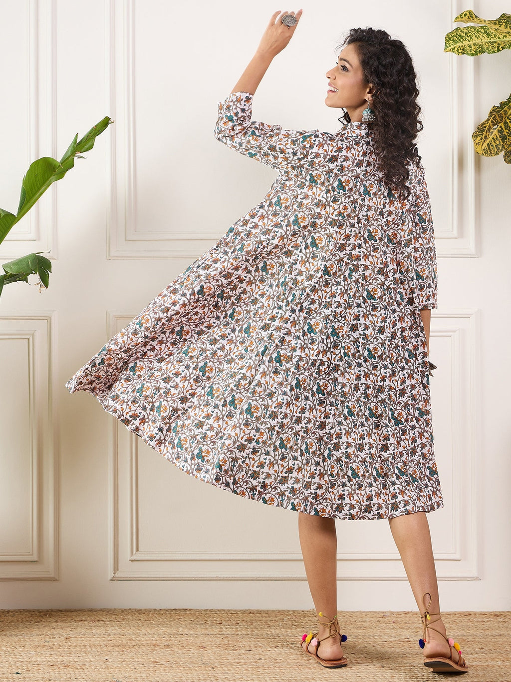 InWeave Teal Floral Sage Jaal Print Collar Dress