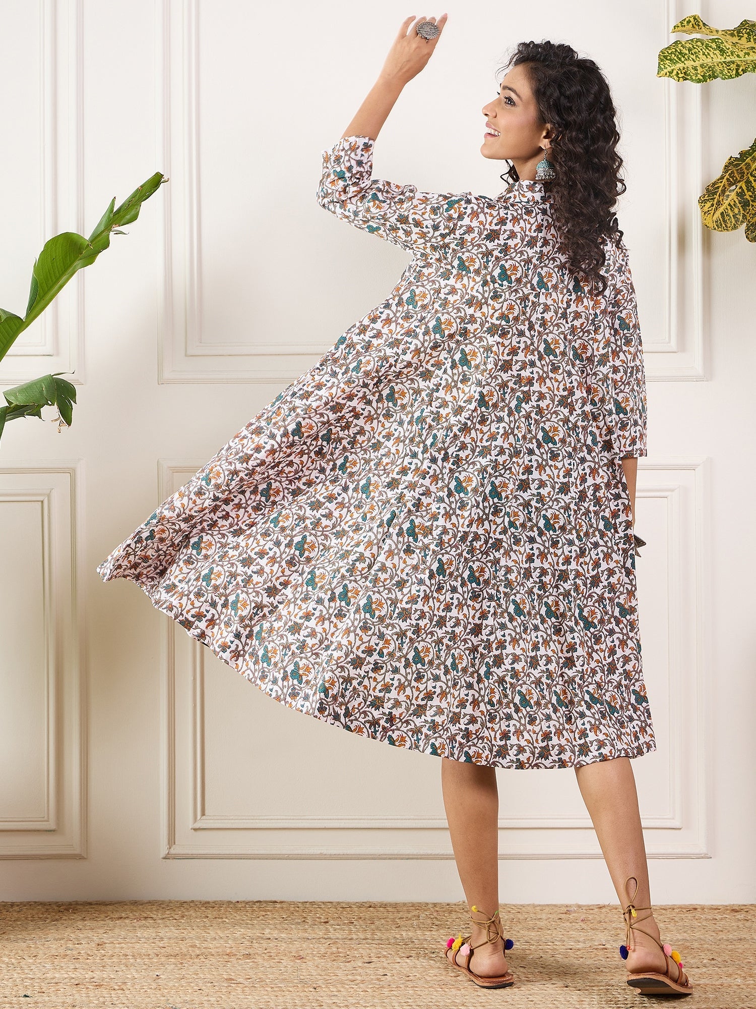 InWeave Teal Floral Sage Jaal Print Collar Dress