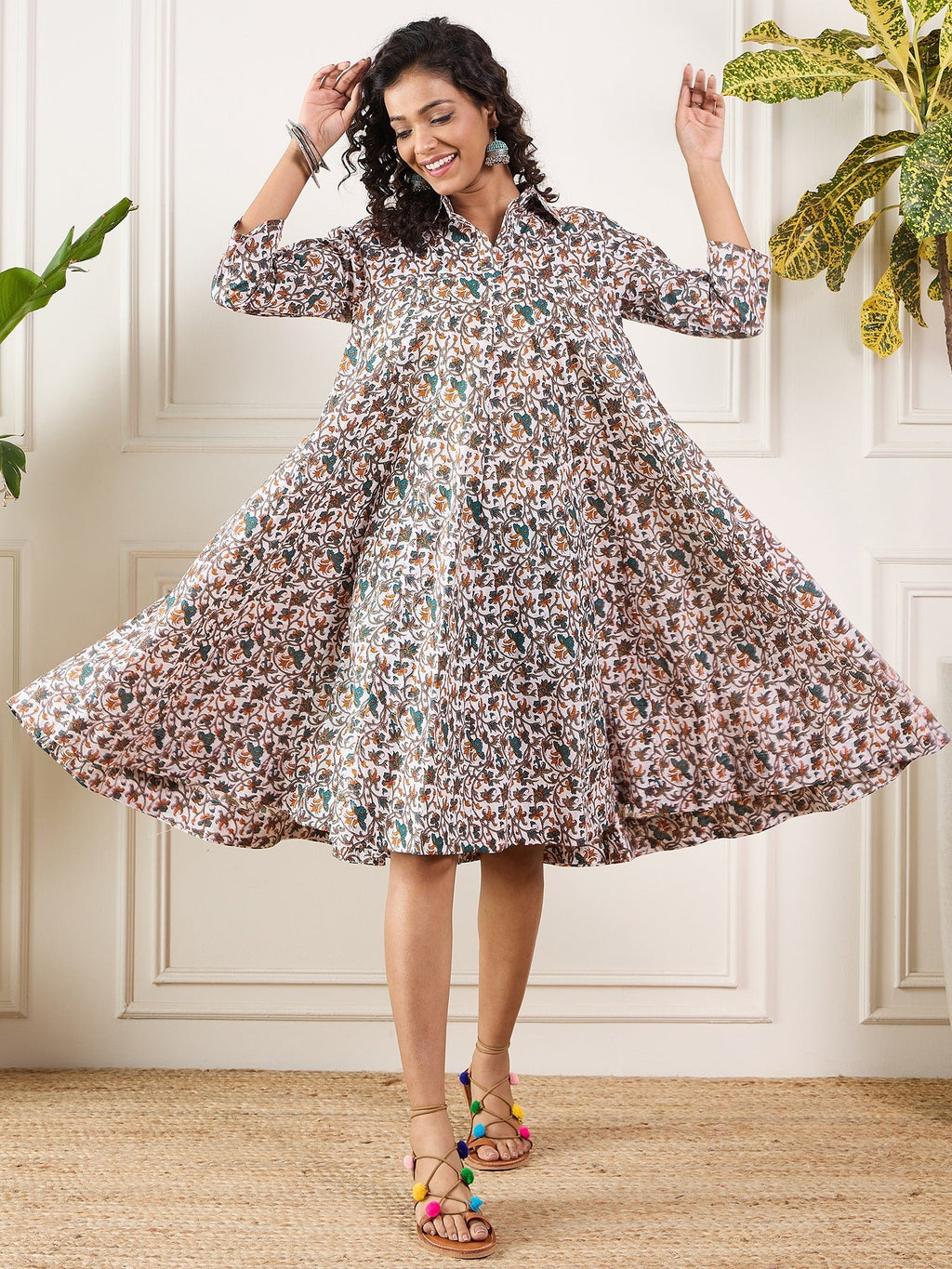 InWeave Teal Floral Sage Jaal Print Collar Dress