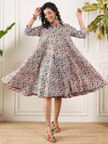 InWeave Teal Floral Sage Jaal Print Collar Dress