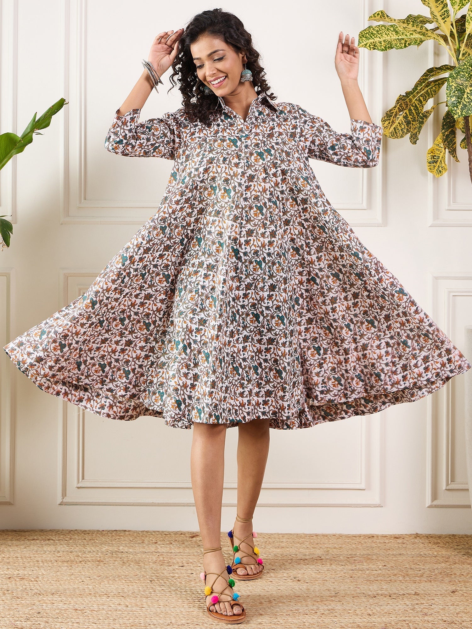 InWeave Teal Floral Sage Jaal Print Collar Dress