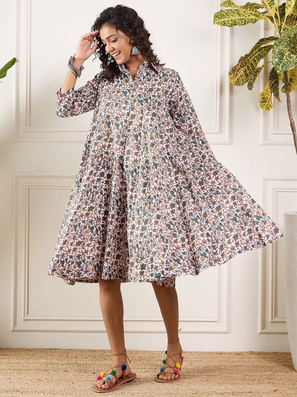 InWeave Teal Floral Sage Jaal Print Collar Dress