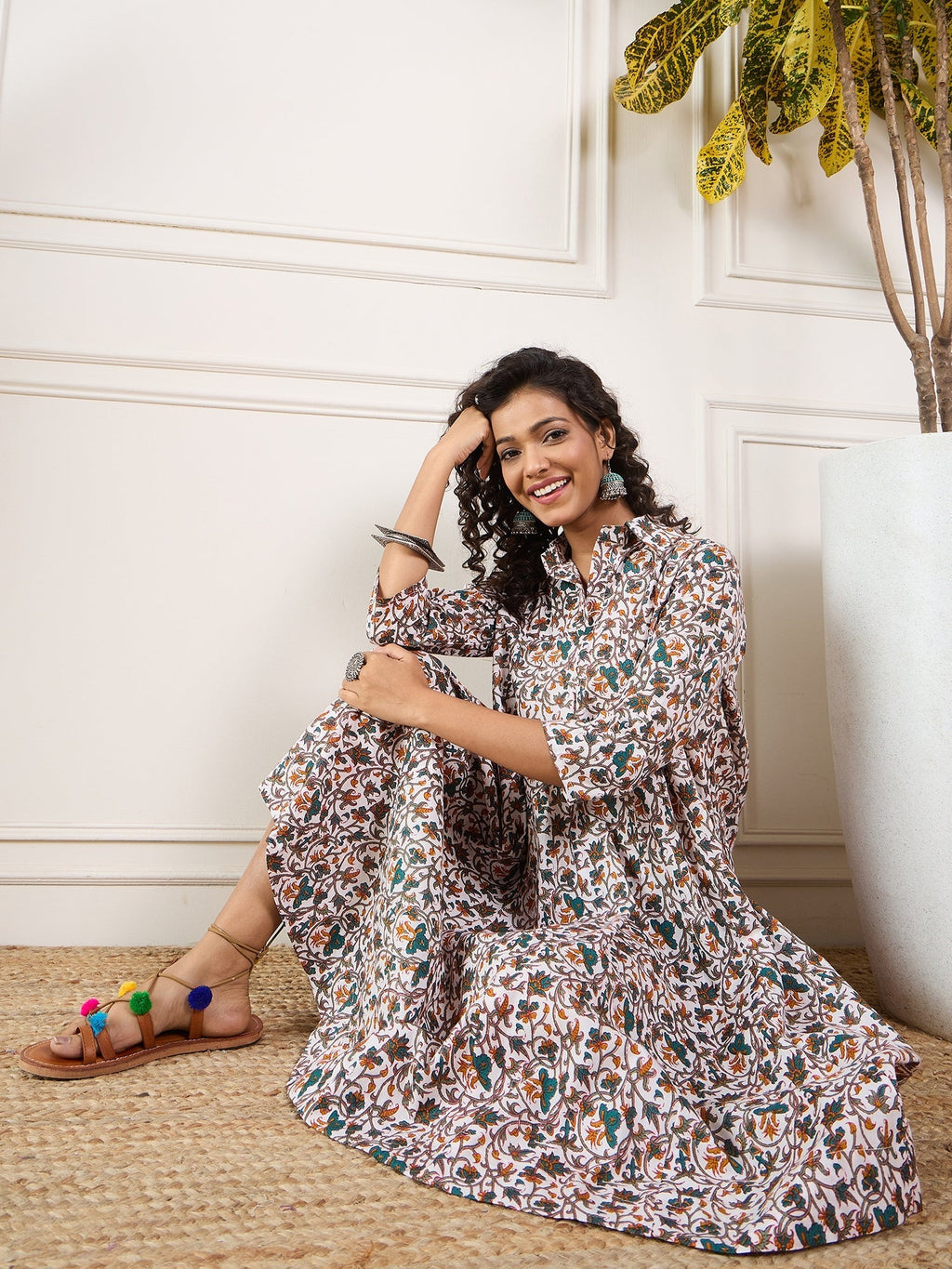 InWeave Teal Floral Sage Jaal Print Collar Dress