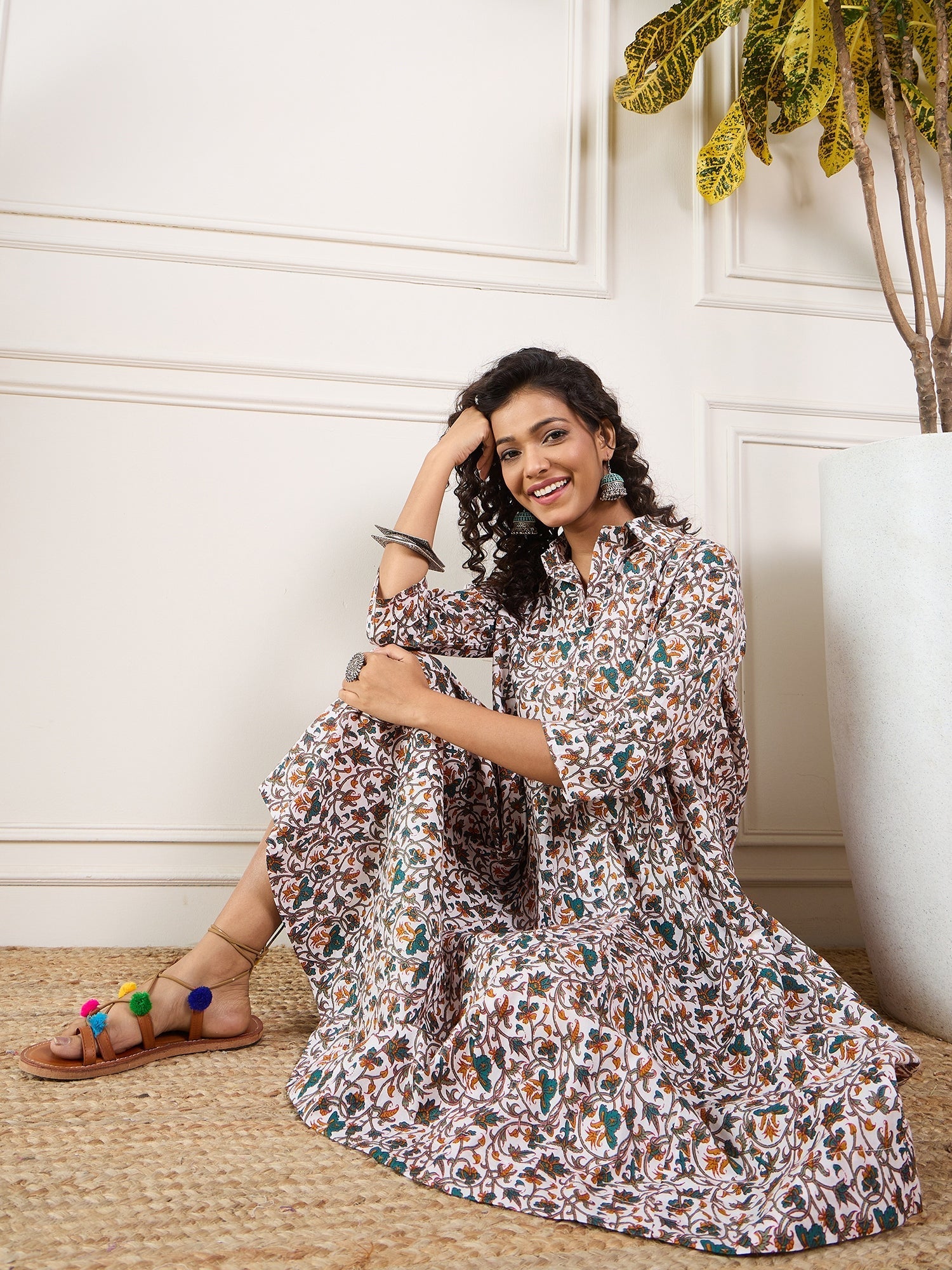 InWeave Teal Floral Sage Jaal Print Collar Dress