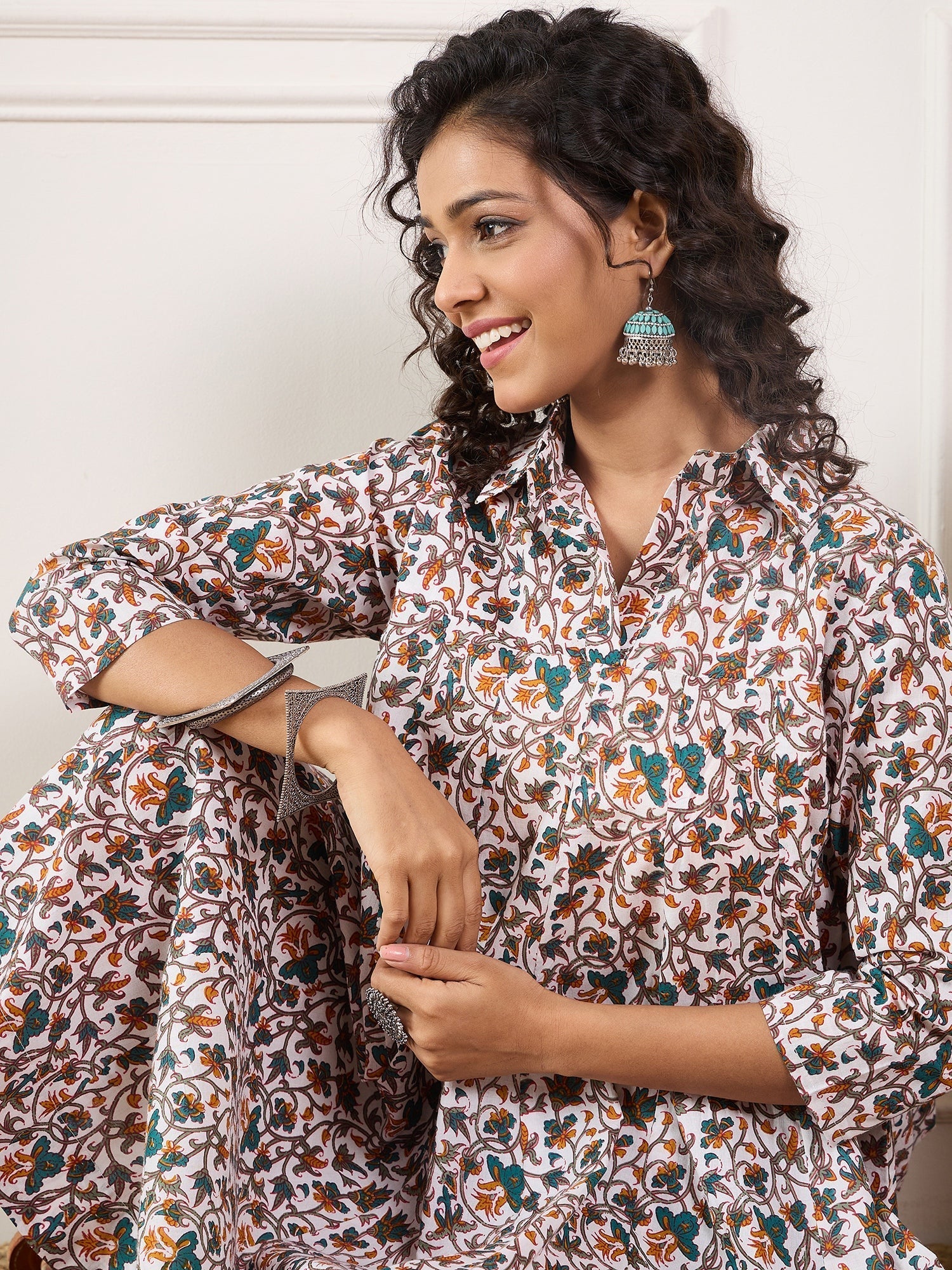 InWeave Teal Floral Sage Jaal Print Collar Dress