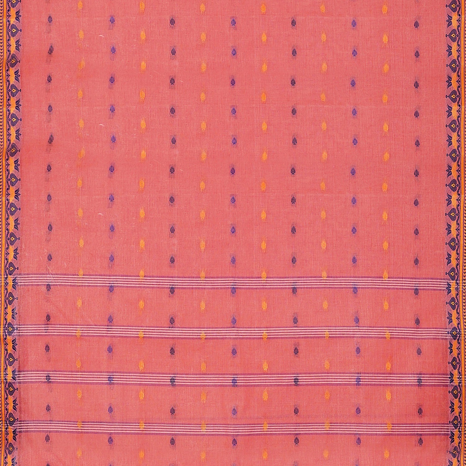 Exclusive Collection 100% Pure Cotton Peach Tant Saree With Hand Weaving Work