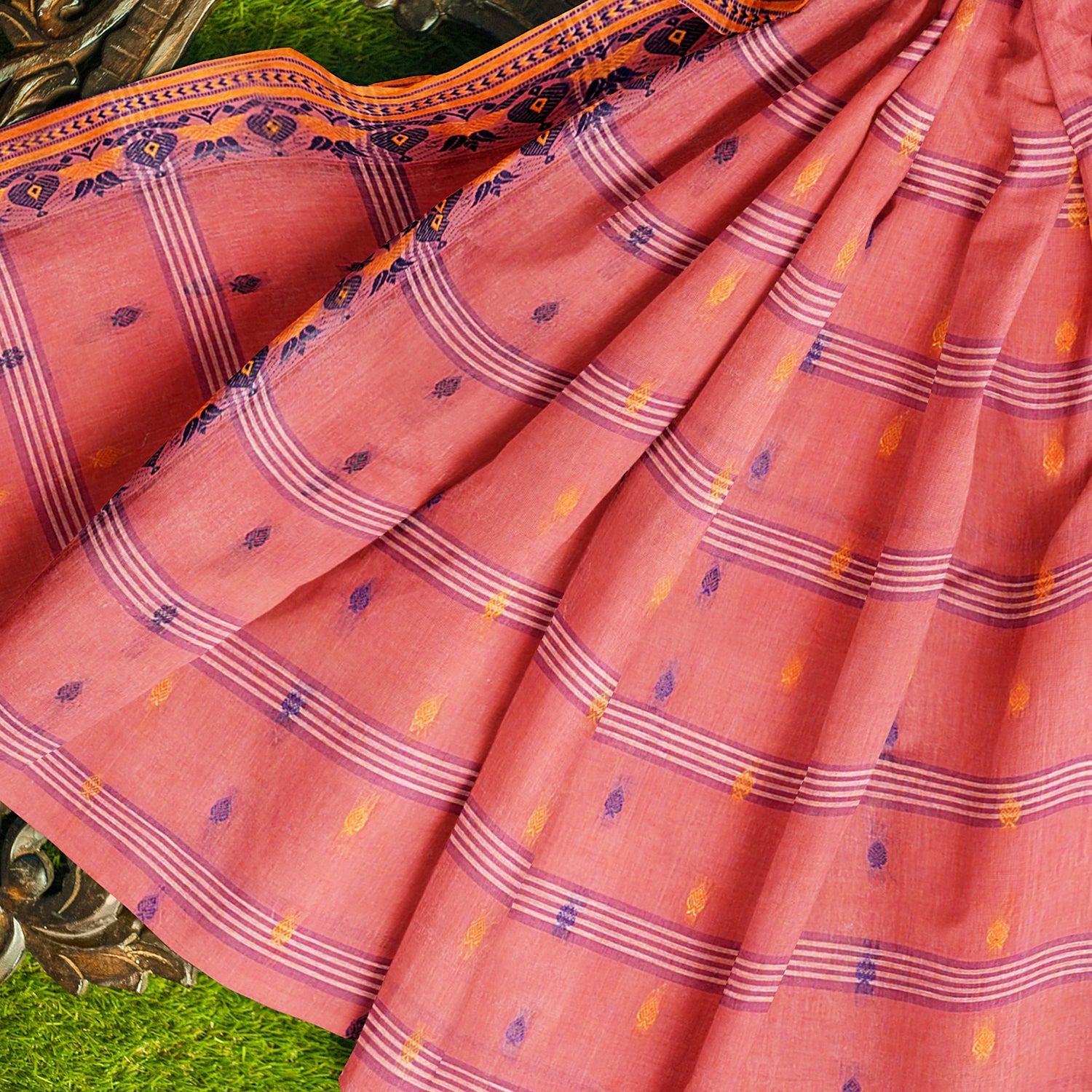 Exclusive Collection 100% Pure Cotton Peach Tant Saree With Hand Weaving Work