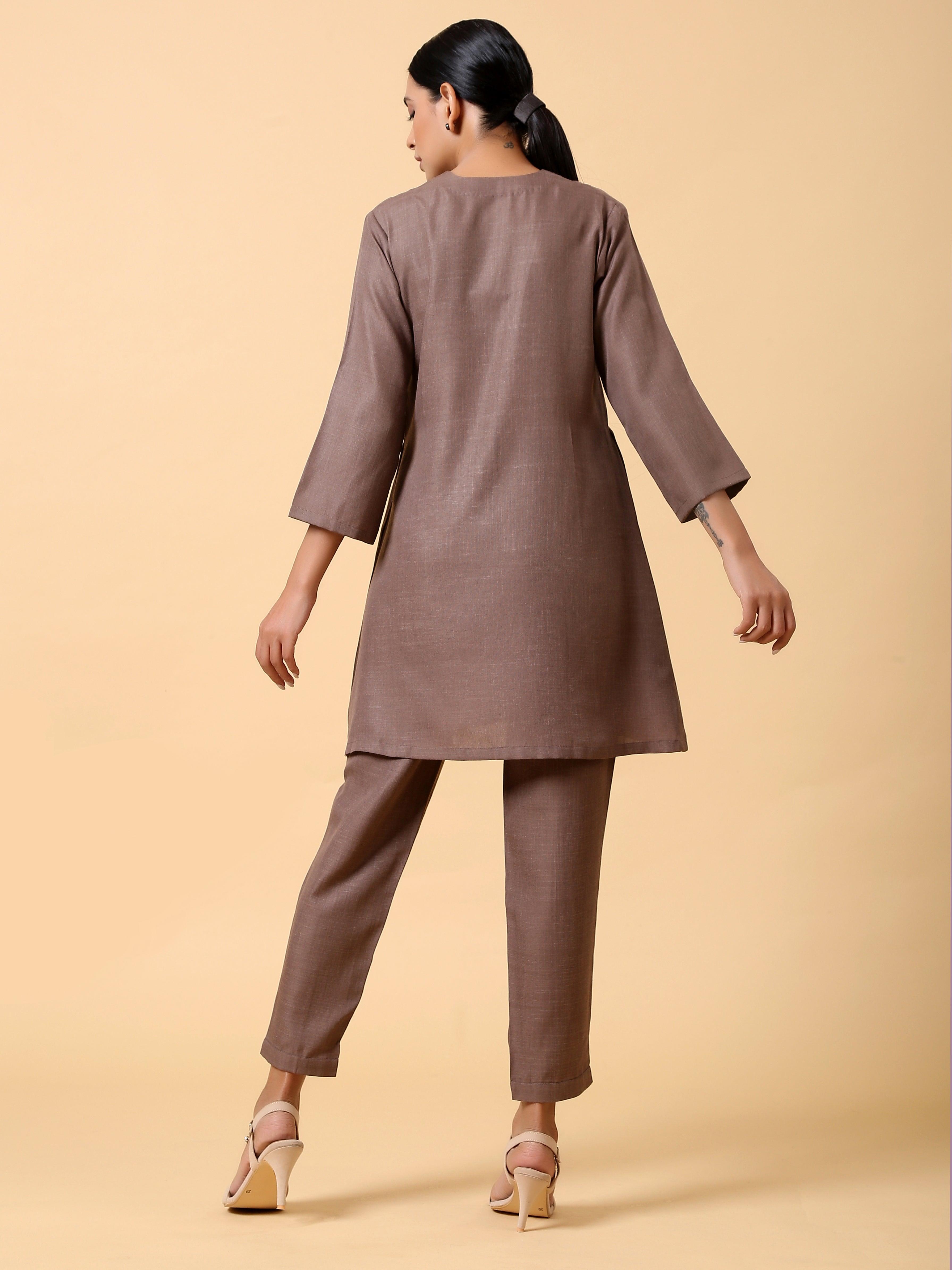 trueBrowns Cotton Linen Burnt Brown Pleated Co-Ord Set