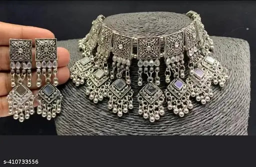 Tehzeeb Creations Women's Silver Colour Oxidised Necklace Set With Mirror And Beads