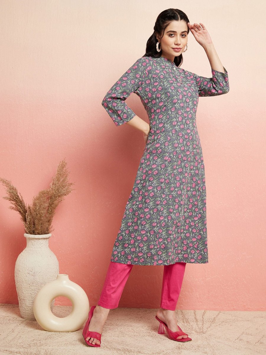 Aks Floral Printed Mandarin Collar Cotton Anarkali Kurta