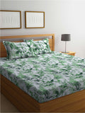 BOMBAY DYEING Serenita Green & White Floral Cotton 144TC Queen Bedsheet & 2 Pillow Covers