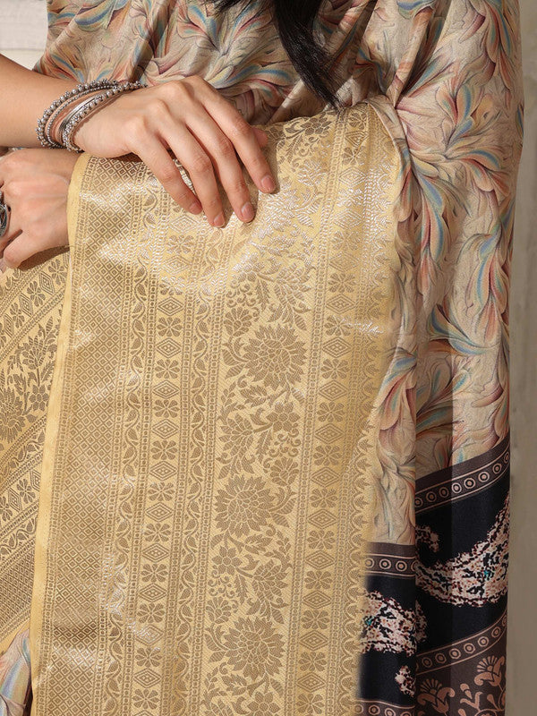 Shivam Fabrics Beige Lichi Patta Fabric Printed Saree