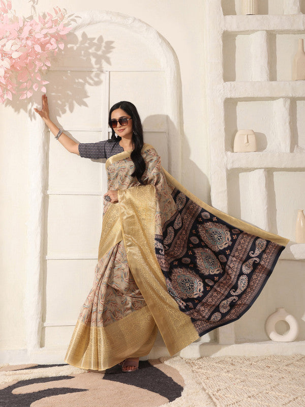 Shivam Fabrics Beige Lichi Patta Fabric Printed Saree