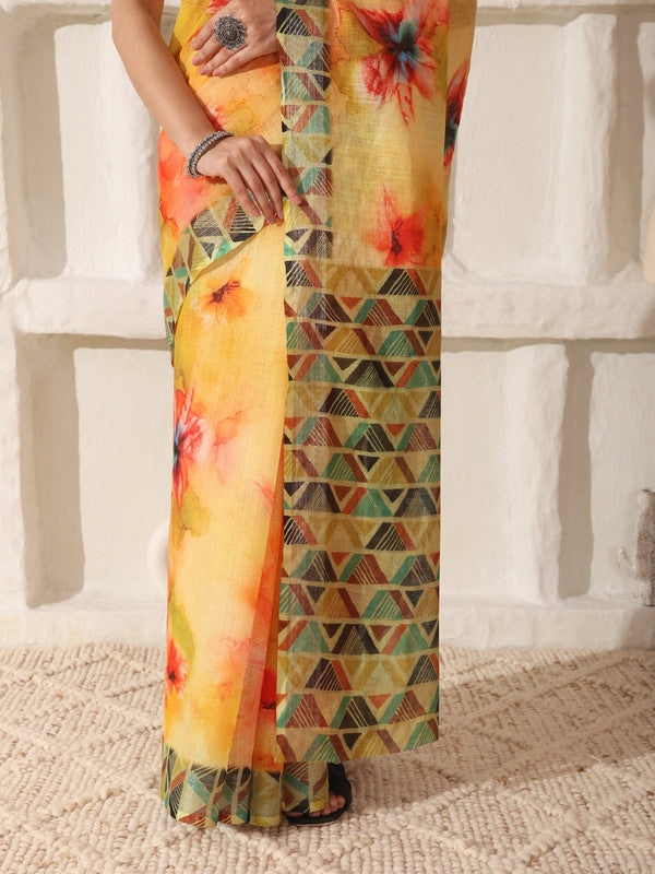 Shivam Fabrics Yellow Linen Fabric Printed Saree