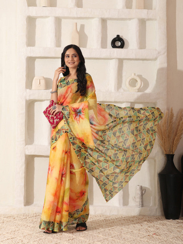 Shivam Fabrics Yellow Linen Fabric Printed Saree