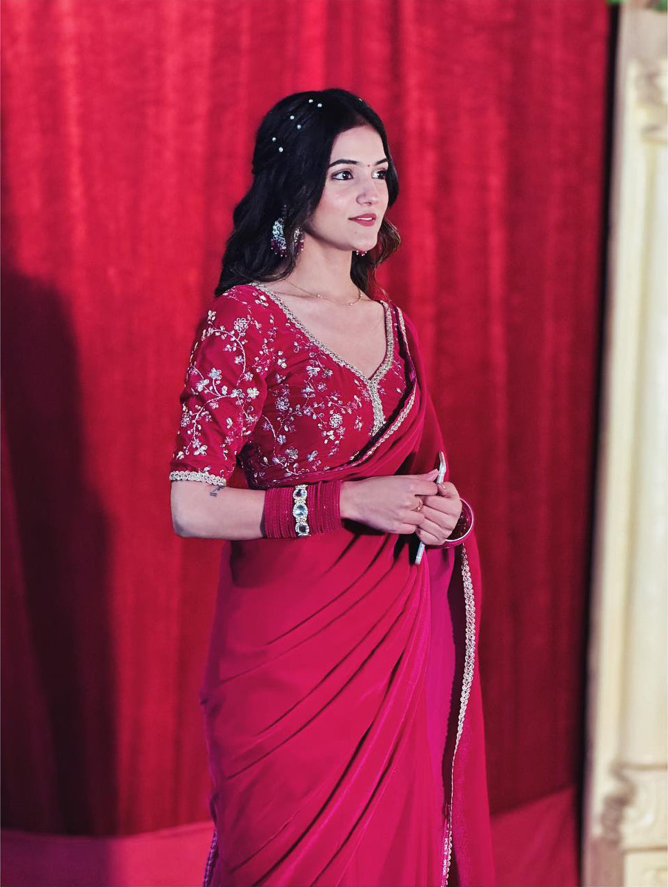 Lorenvalley Fashion Premium Magenta Georgette Satin Saree with Stitched Embroidery Blouse