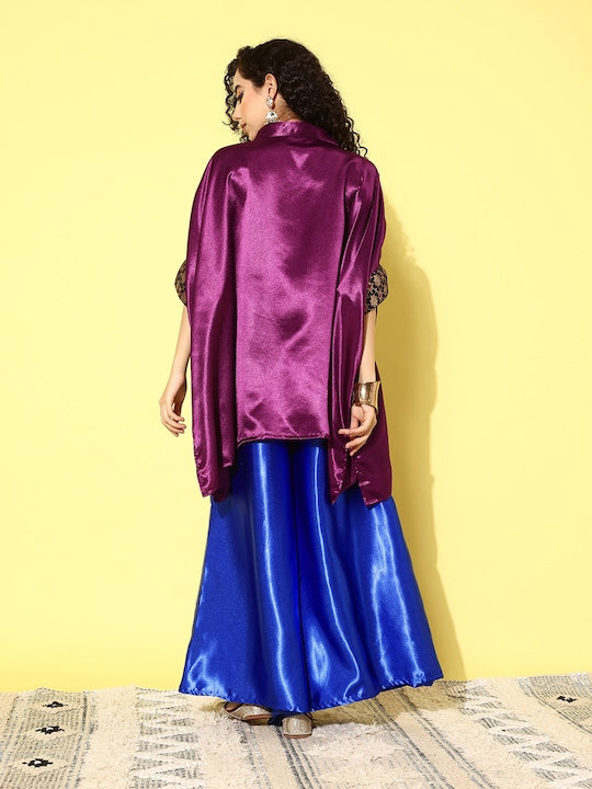 InWeave Women's Wine Navy Brocade Satin Boho Blue Palazzo Set