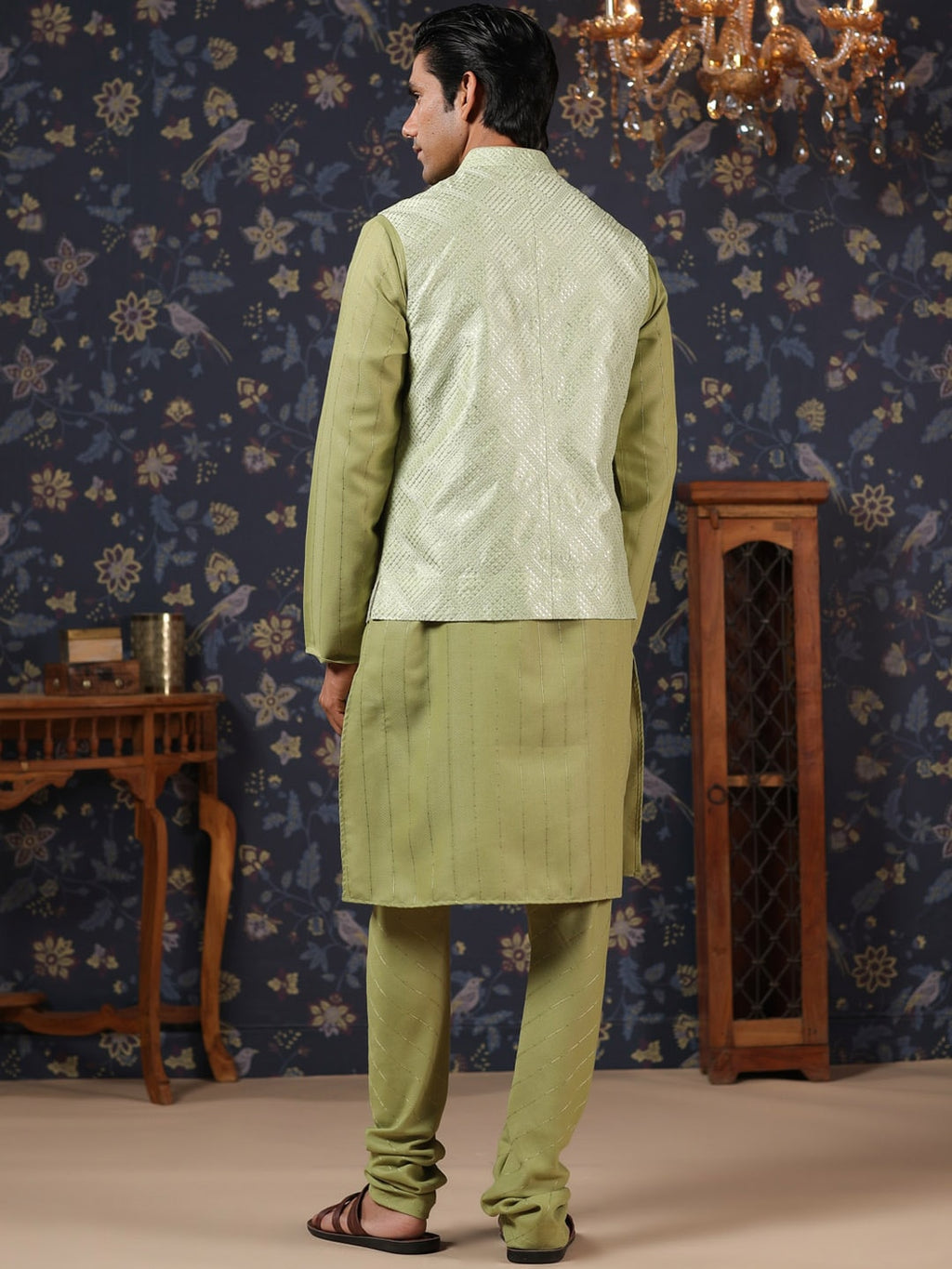House of Pataudi Straight Kurta With Pyjamas & Embroidered Sequin Work Nehru Jacket