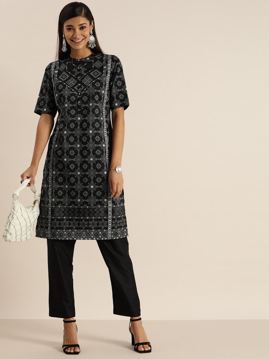 All About You Women Black & Grey Printed Kurta with Trousers