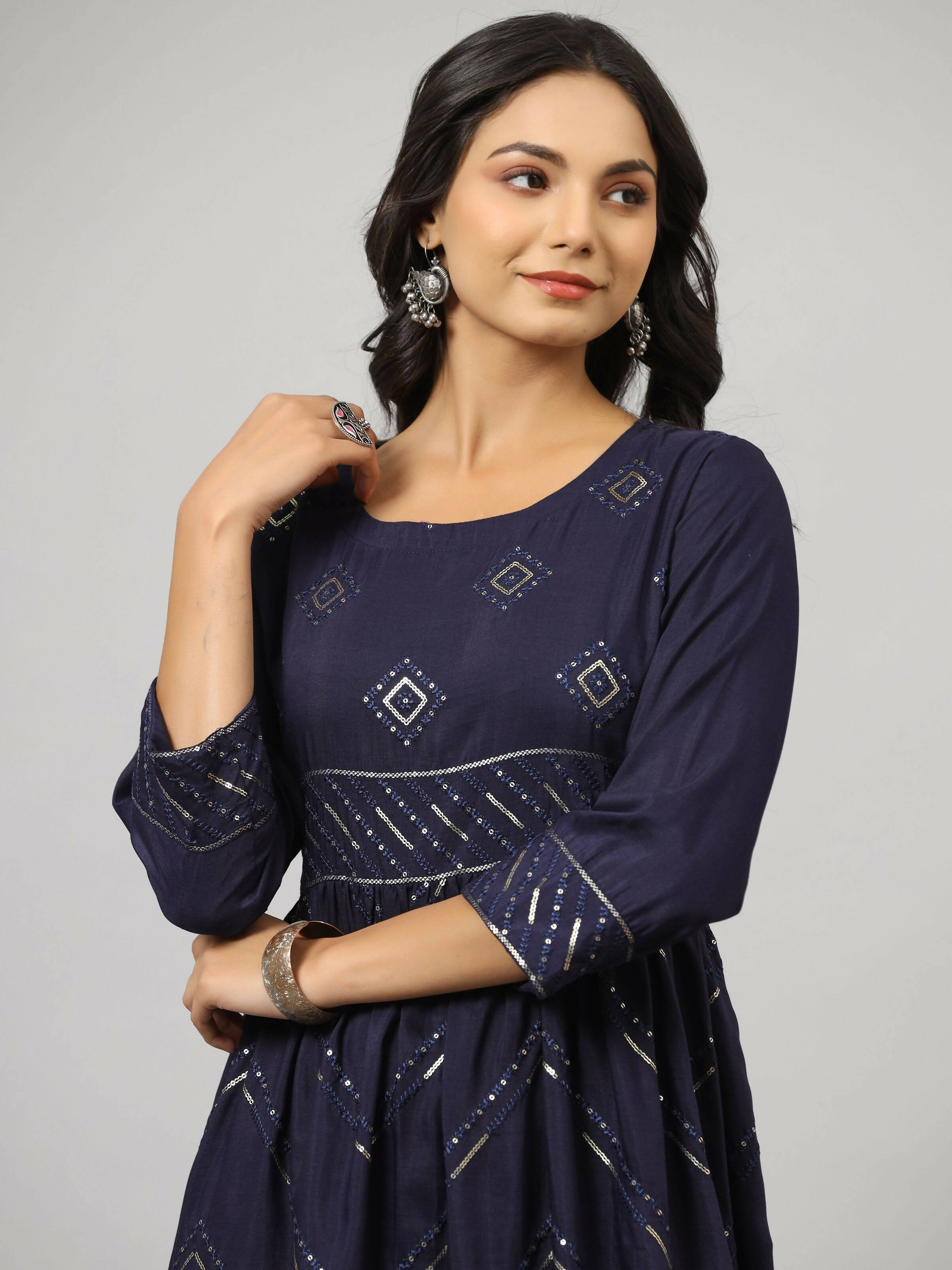 Juniper Women's Navy Festive Printed Flared Dress