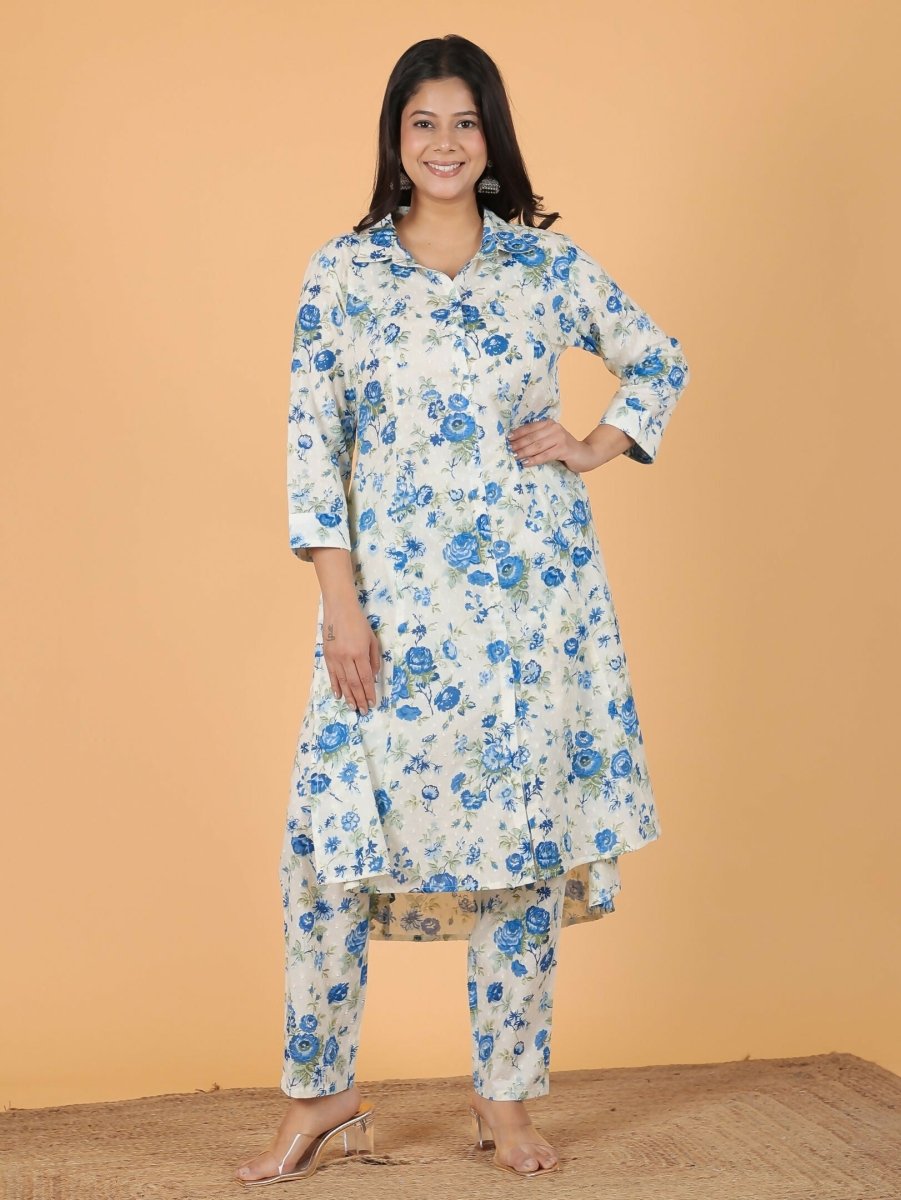 Aramya White Textured Cotton Floral Print High Low Kurta Set for Women