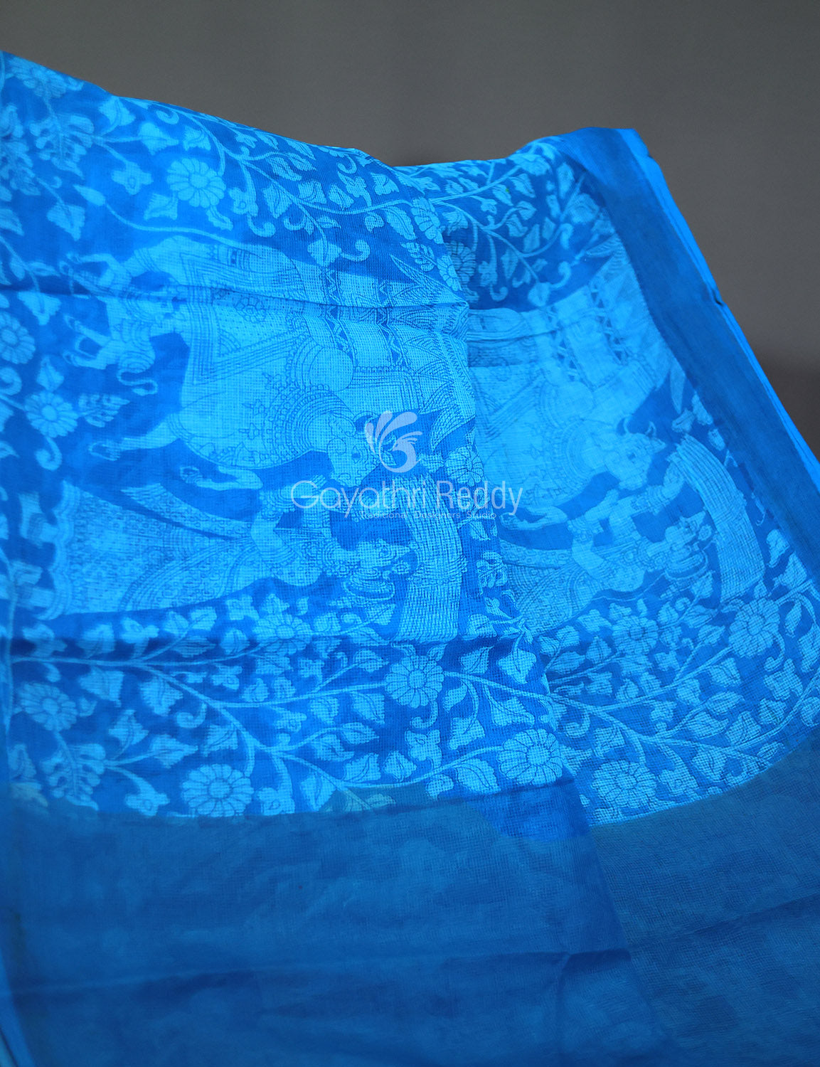 Sky Blue Kalamkaari Print Munga Cotton Saree By Gayathri Reddy Designer Studio