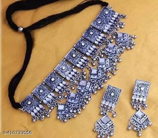 Tehzeeb Creations Women's Silver Colour Oxidised Necklace Set With Mirror And Beads