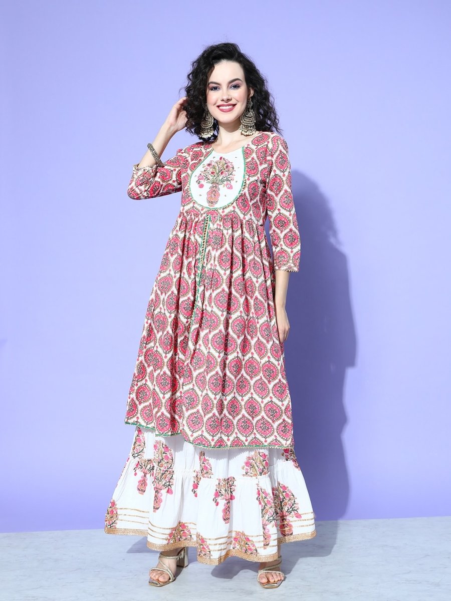 All About You Women White Floral Printed Regular Gotta Patti Pure Cotton Kurta with Skirt & With Dupatta
