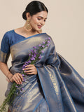 Saree Mall Navy Blue Ethnic Motifs Zari Silk Blend Banarasi Saree