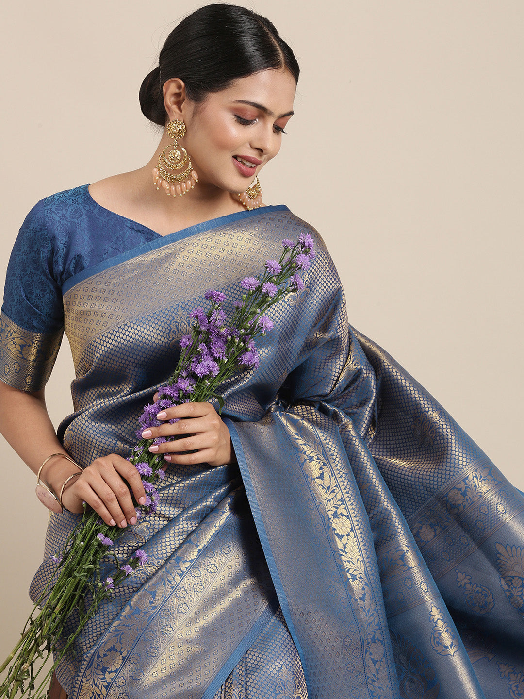 Saree Mall Navy Blue Ethnic Motifs Zari Silk Blend Banarasi Saree