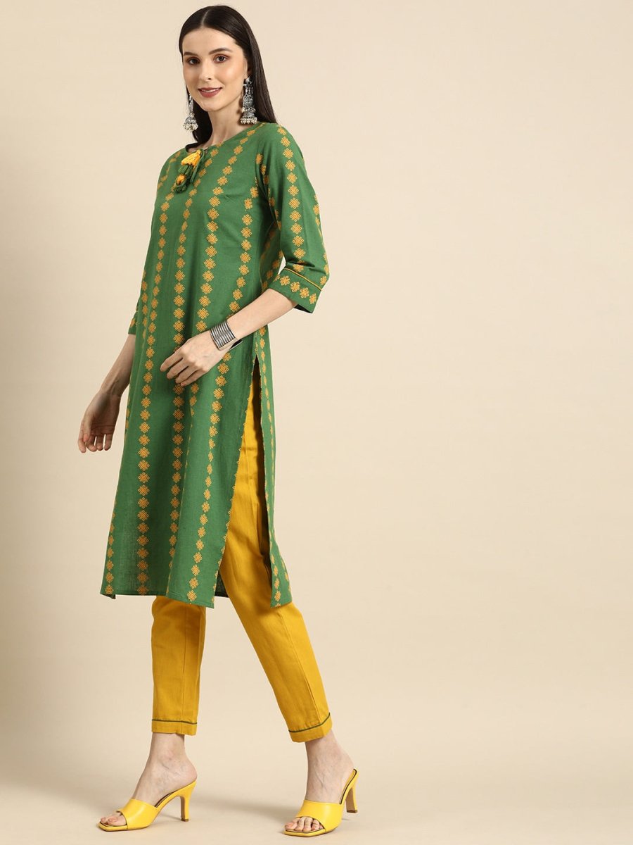 All About You Women Green Ethnic Motifs Printed Kurta with Mustard Yellow Trousers