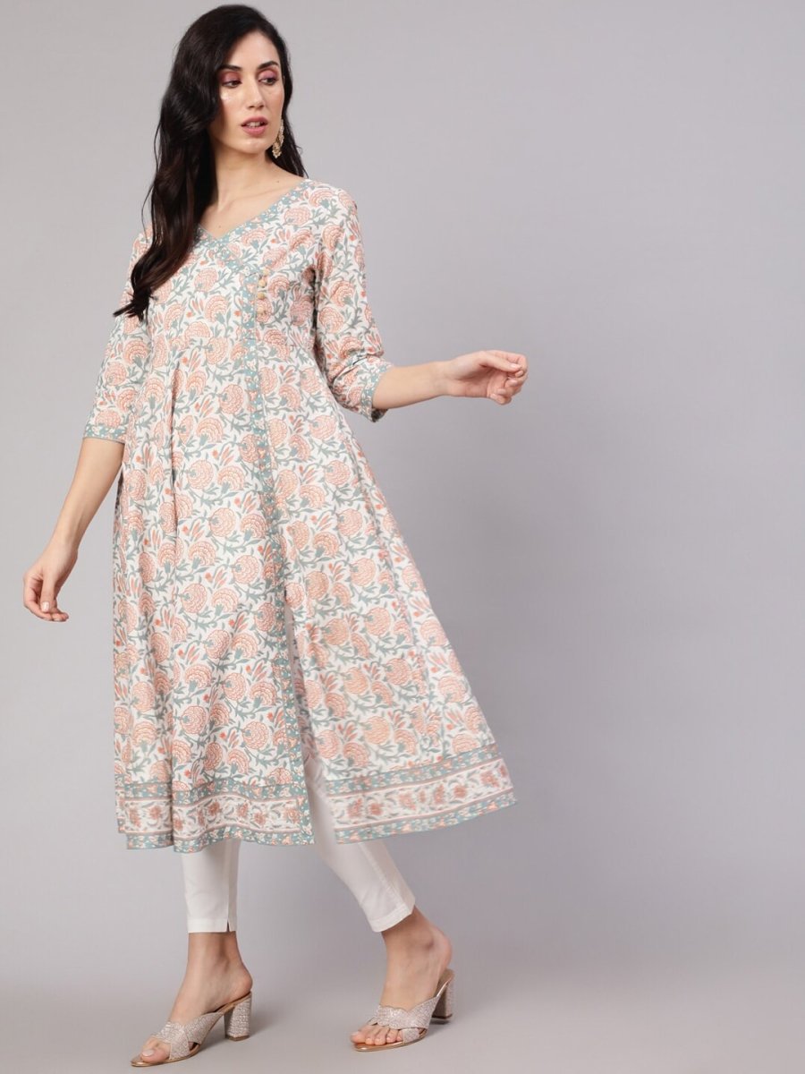 Aks Floral Printed Cotton Anarkali Kurta