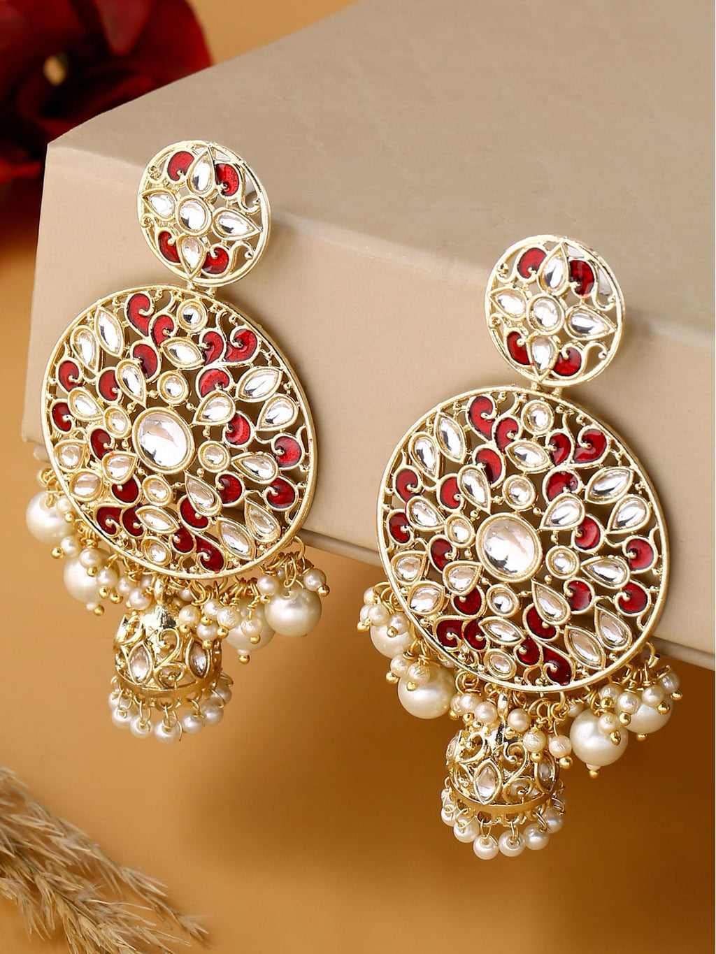 Shoshaa Maroon Contemporary Gold-Polished Kundan Drop Earrings With Jhumkas Earrings Sets