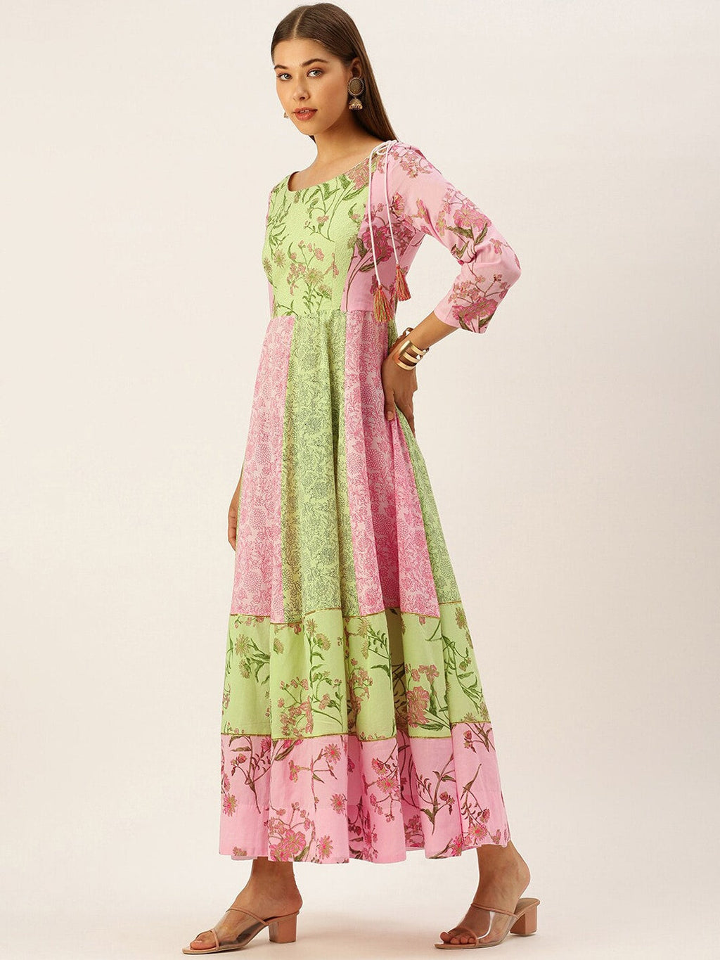 HERE&NOW Women Green & Pink Floral Printed Anarkali Cotton Kurta With Dupatta