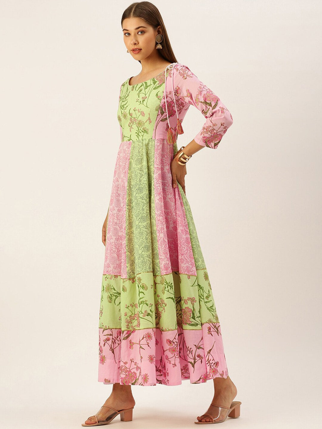 HERE&NOW Women Green & Pink Floral Printed Anarkali Cotton Kurta With Dupatta