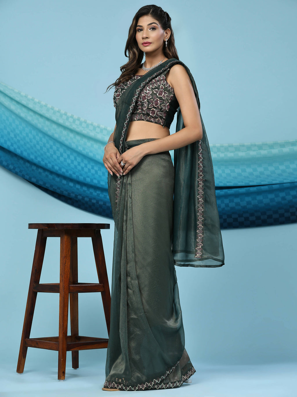 Green Lycra Shimmer Pattern Ready to Wear Saree with stitched Blouse - Nirvana