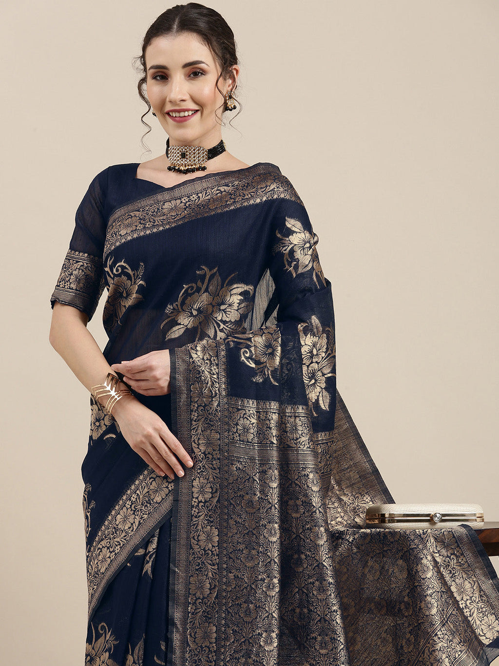 Saree Mall Navy Blue Floral Linen Blend Banarasi Saree
