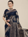 Saree Mall Navy Blue Floral Linen Blend Banarasi Saree