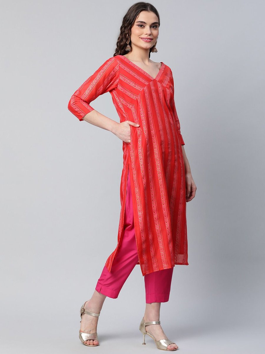 Ahalyaa Women Red Striped Kurta with Trousers