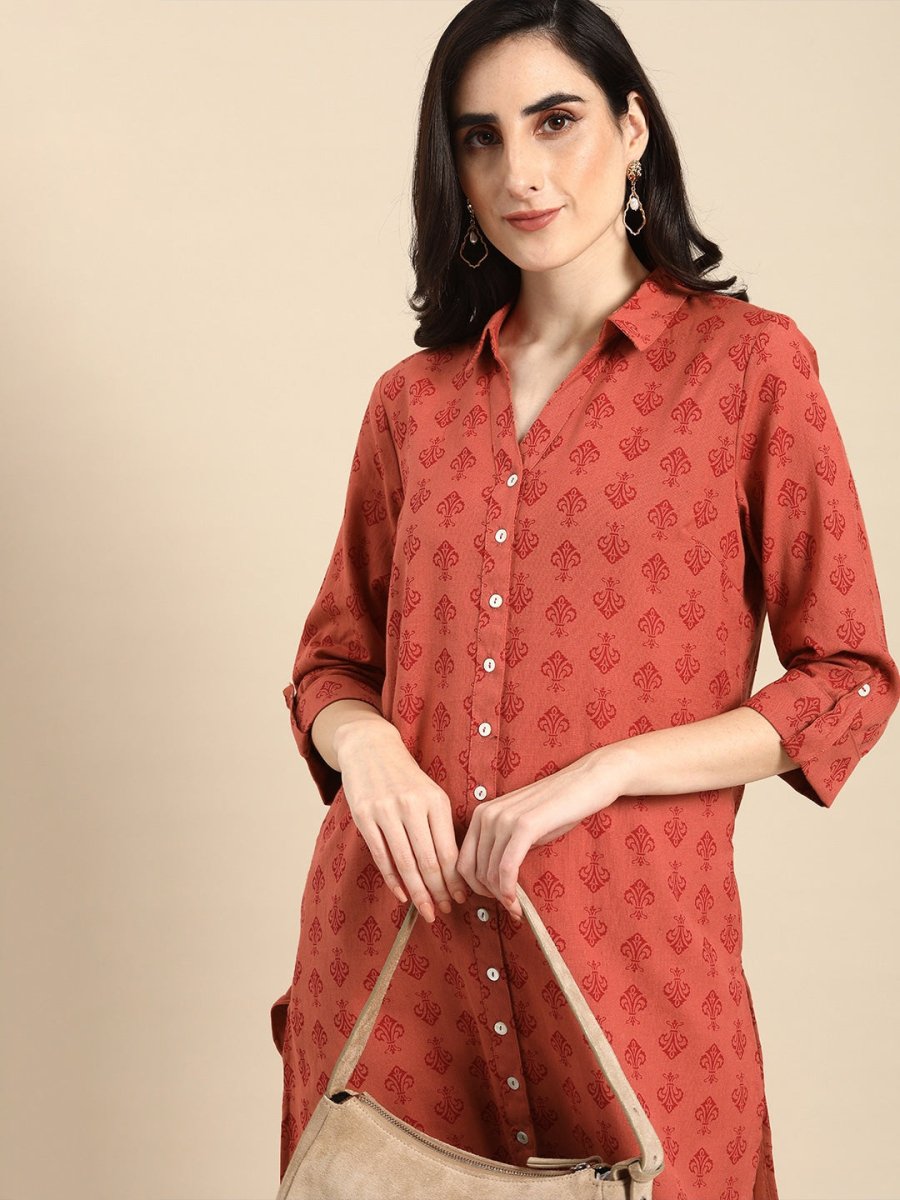 All About You Women Red Cotton Ethnic Motifs Printed Pathani Kurta