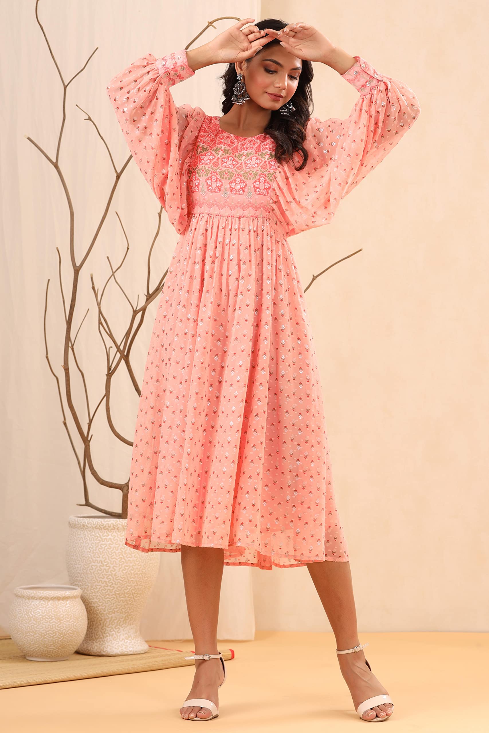 Juniper Women's Peach Ethnic Motif Printed Georgette Midi Dress With Sequins Work