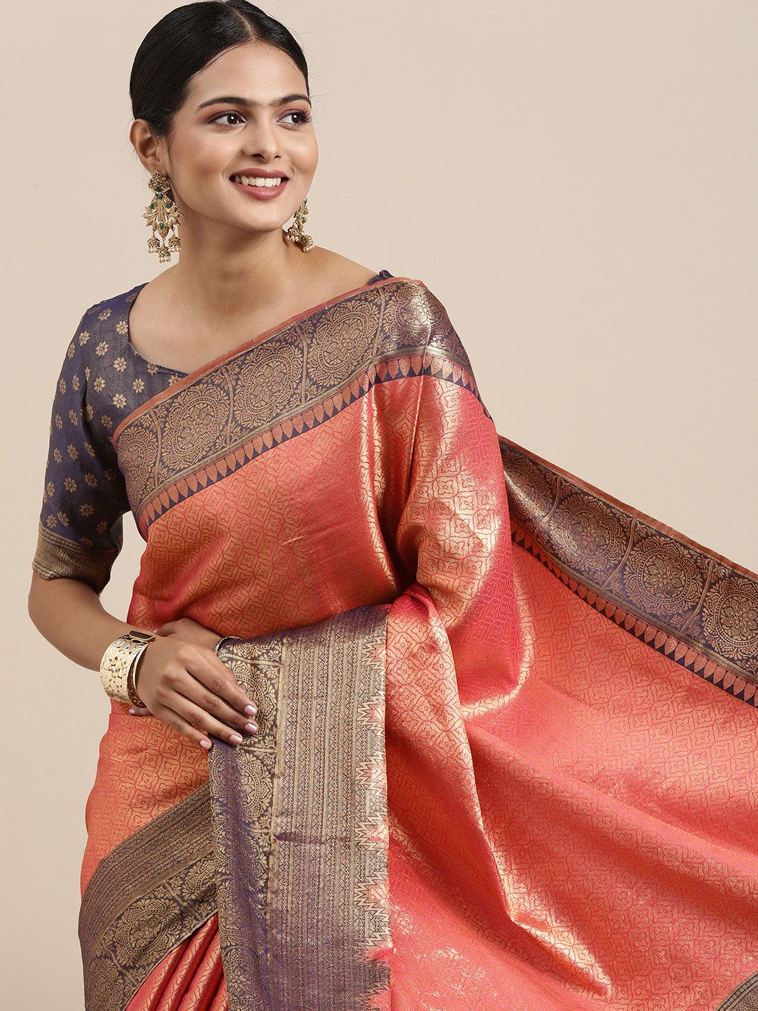 Saree Mall Pink Woven Design Zari Silk Blend Banarasi Saree