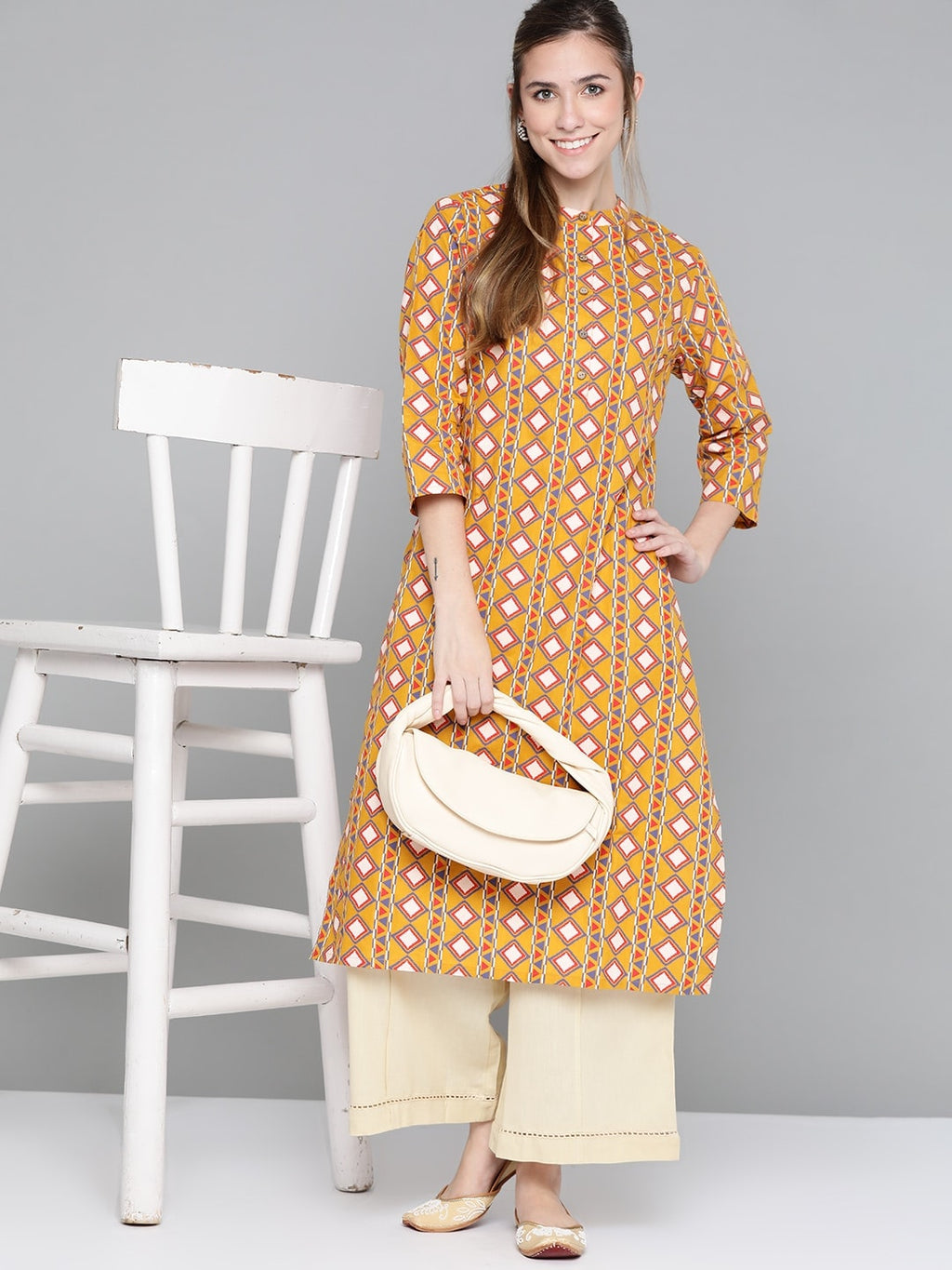HERE&NOW Women Mustard Yellow & Cream Pure Cotton Geometric Printed Kurta