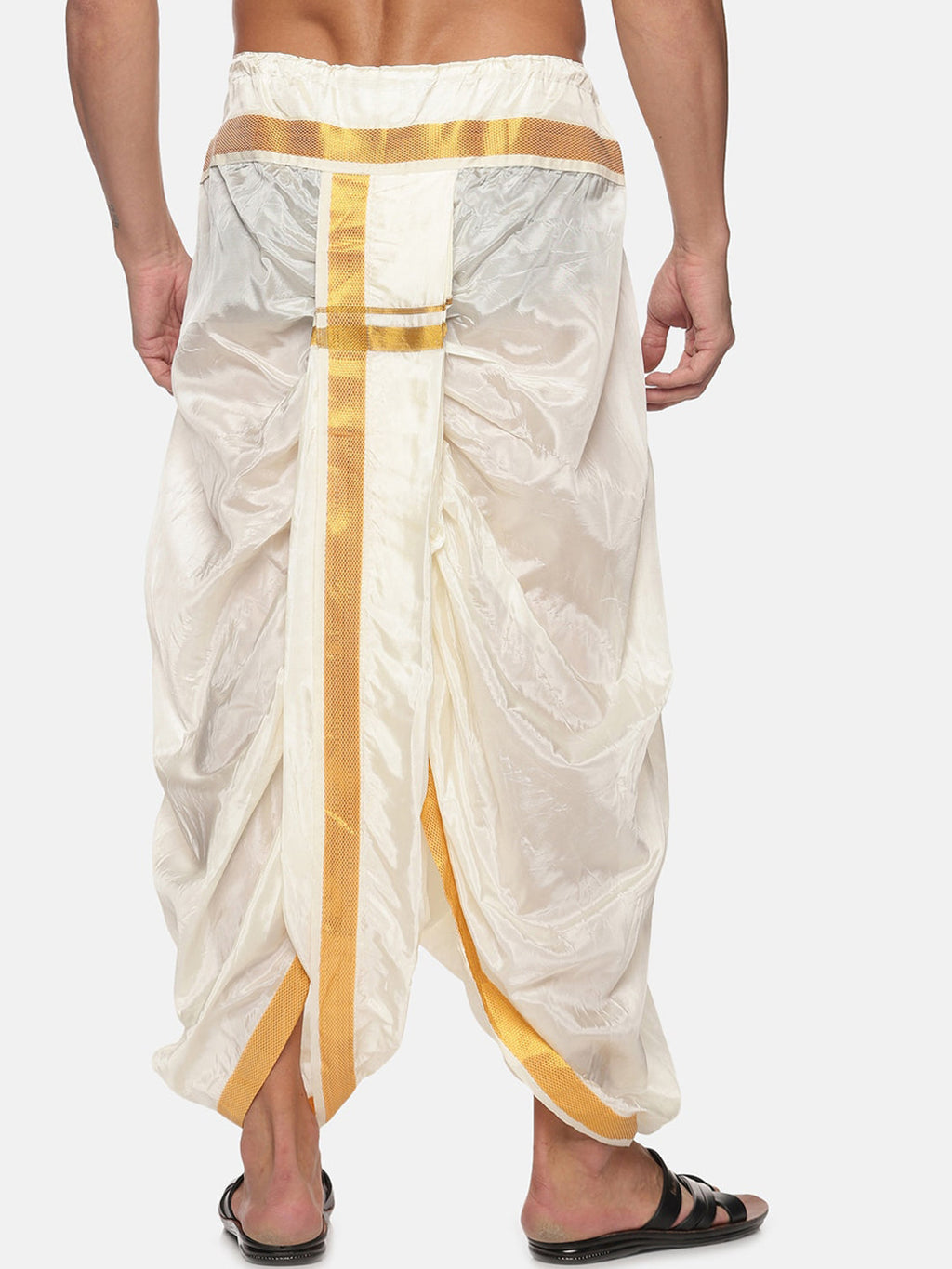 Sethukrishna Men Cream-Coloured & Gold-Coloured Solid Art Silk Dhoti Pants