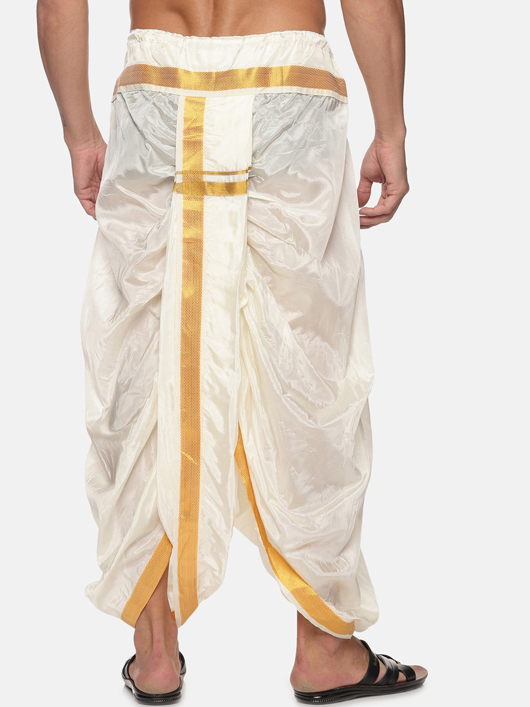 Sethukrishna Men Cream-Coloured & Gold-Coloured Solid Art Silk Dhoti Pants